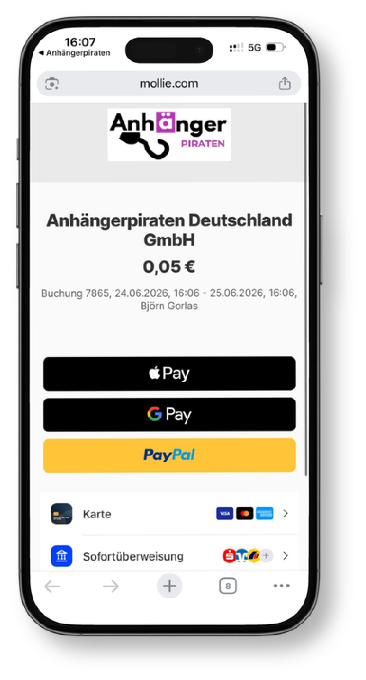 Digitale Bezahlung der Anhängerbuchung