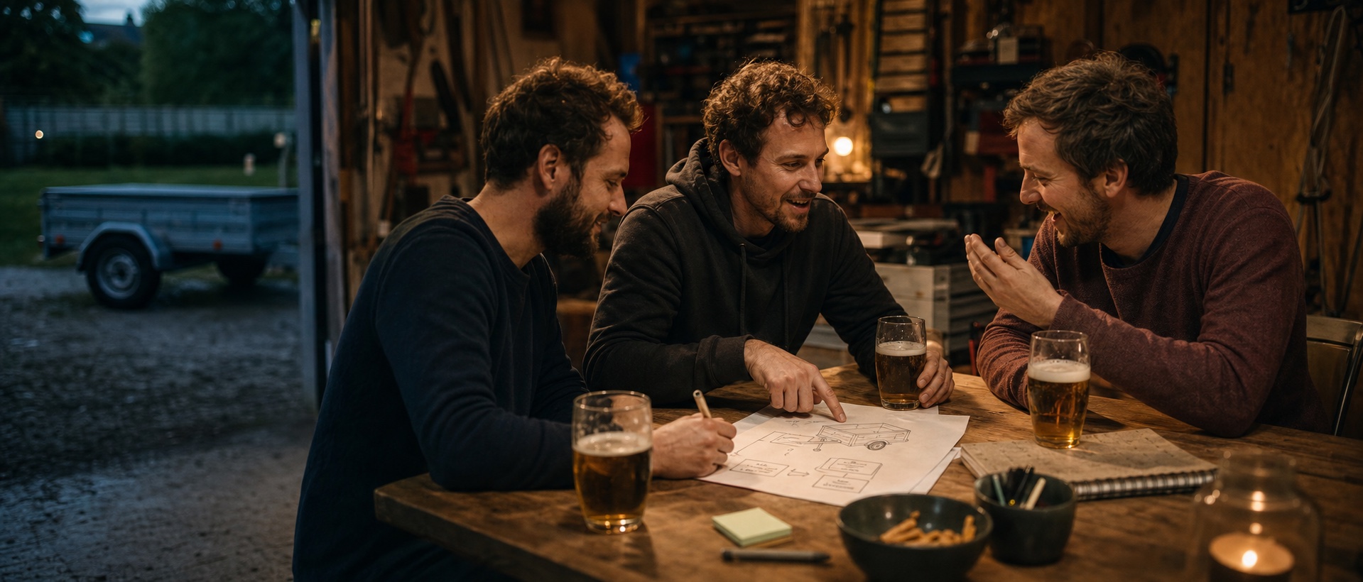 Drei Gründer entwickeln bei einem gemeinsamen Bier die Idee für die digitale Anhängervermietung